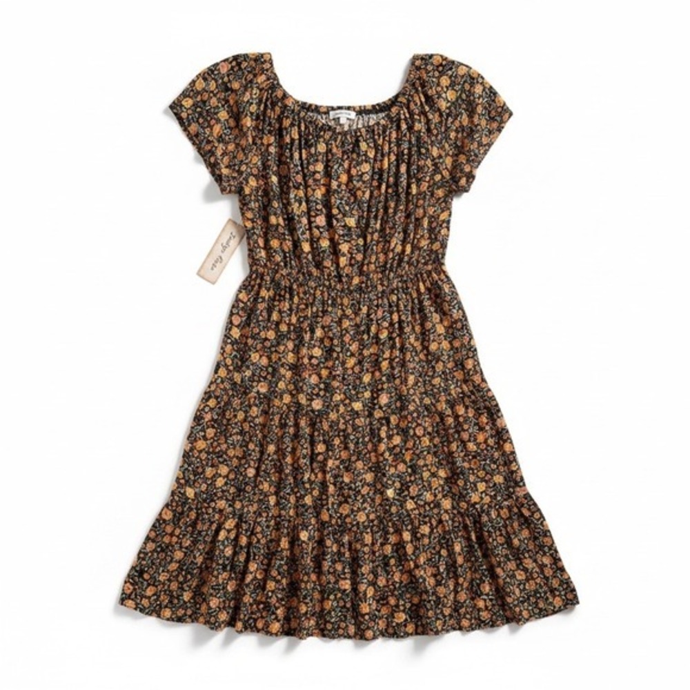 Indigo Rose Floral Tiered Mini Dress Smocked Waist Orange Yellow Boho Women - Picture 2 of 3